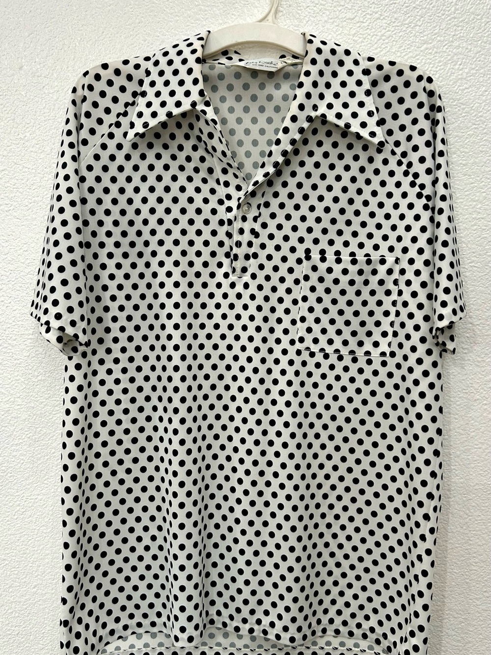 1970s Lilly Dache VTG. Mens Polka Dot Short-Sleeve Polo Shirt in White and Black